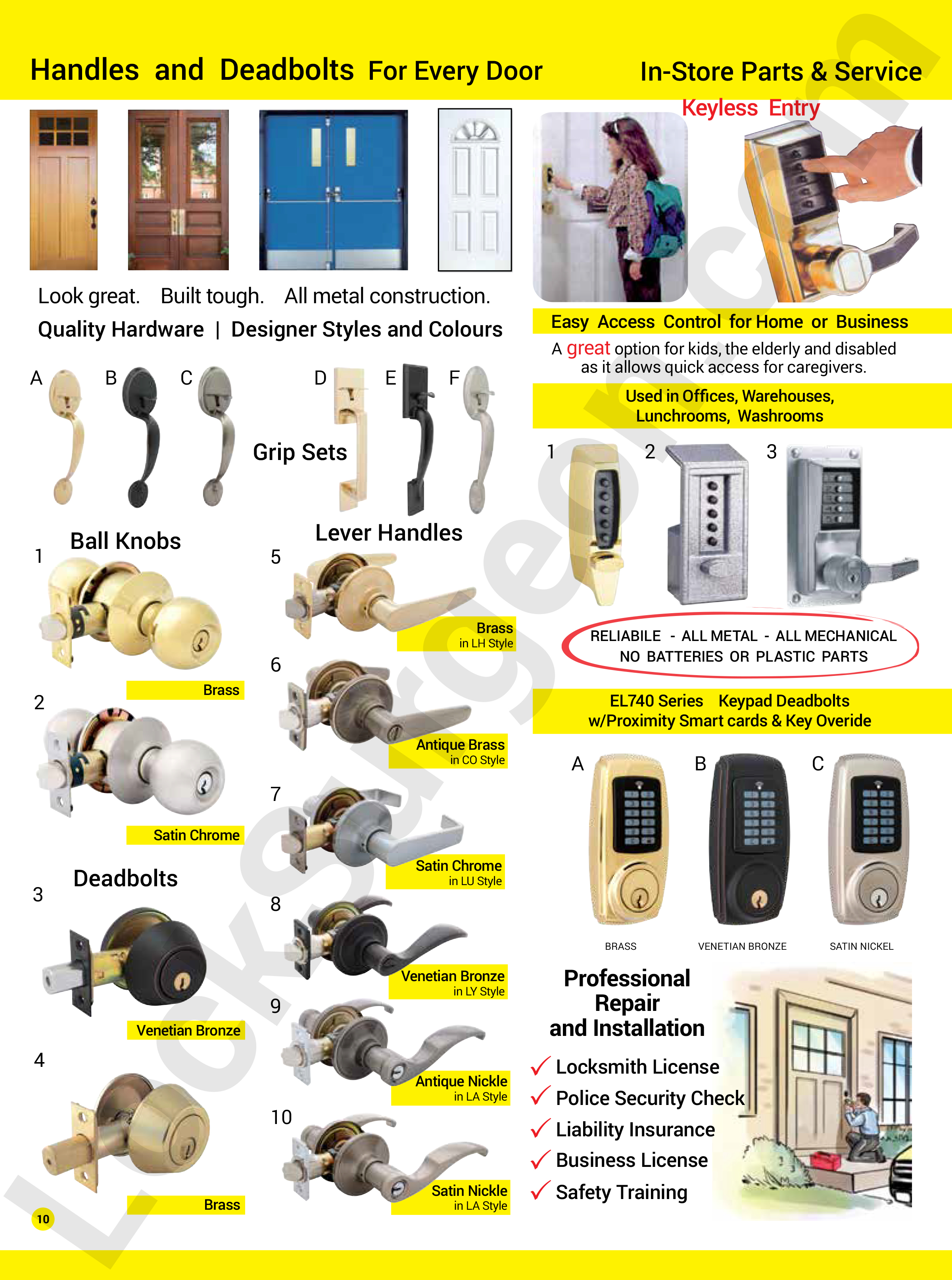 Door handles and deadbolts for every door, all metal construction, built tough look great, finishes built to last, quality hardware, designer styles and colours, lever handles in passage function, privacy function and locking entrance function in a variety of colours, venetian bronze, satin chrome, antique brass, gloss brass, antique nickel and satin nickel. Deadbolts single-sided or double-sided in a variety of colours, door knobs in passage, privacy and keyed entrance functions, in a variety of colours. Superior grip sets, complete with deadbolts